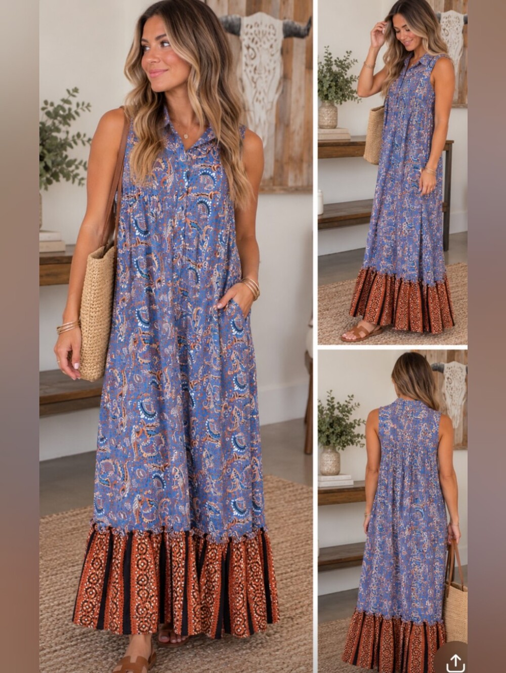 Sleeveless Blue Paisley Maxi Dress with Brown Contrast Ruffle